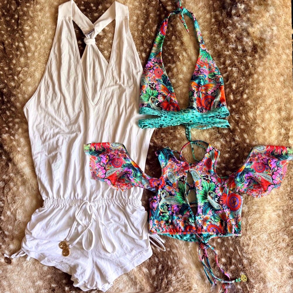 Luli Fama Viva Cuba Bikini Tops + Costa Buena White Romper Bundle Size M/L